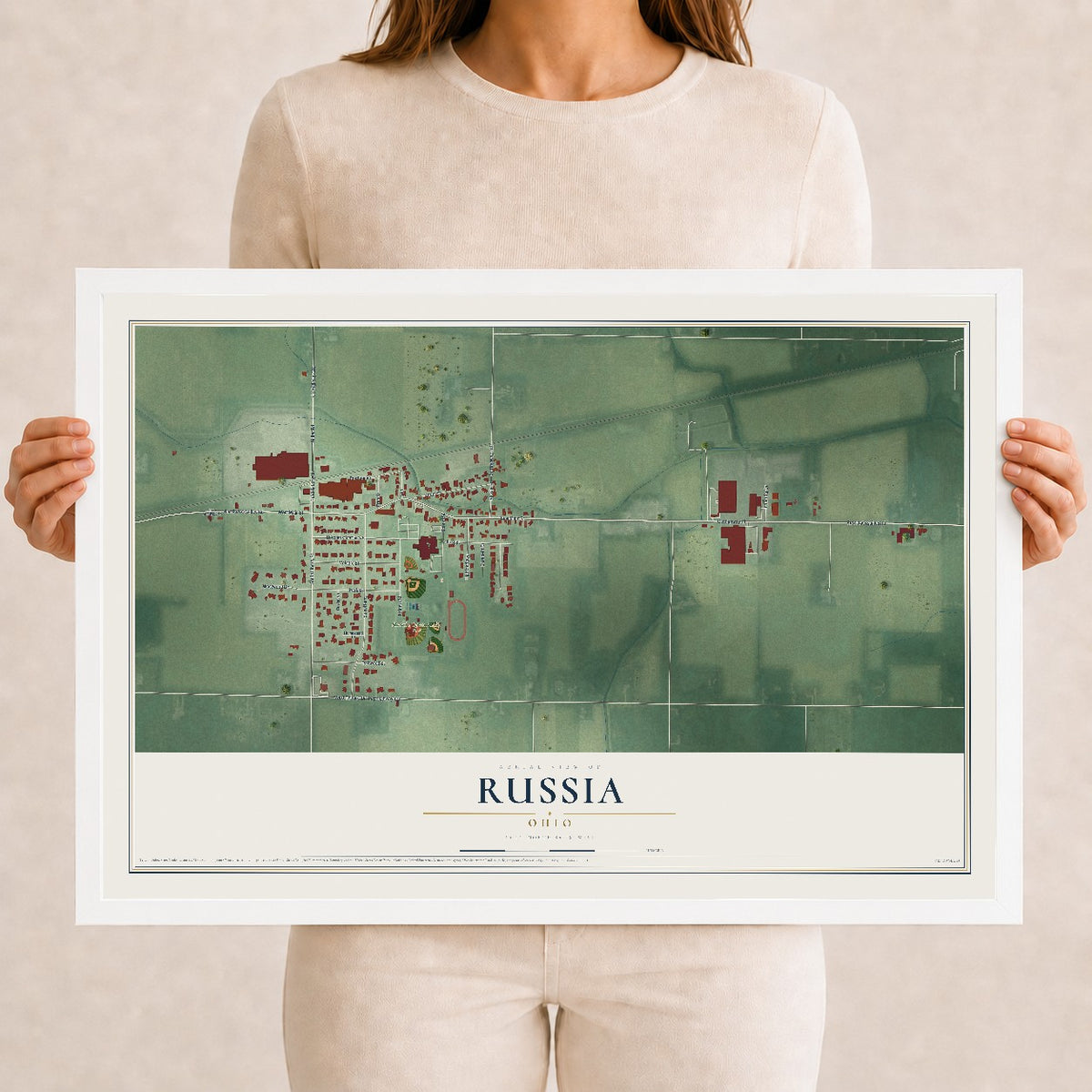 Map of Russia, Ohio, 12 x 18 inch print in a white wood frame