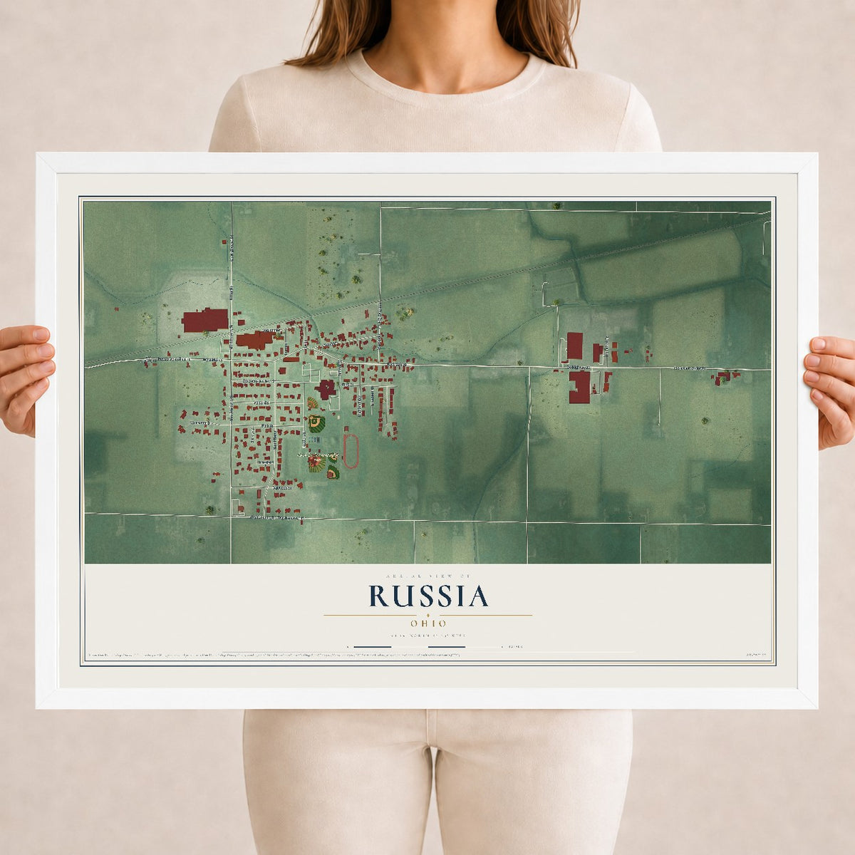 Map of Russia, Ohio, 18 x 24 inch print in a white wood frame