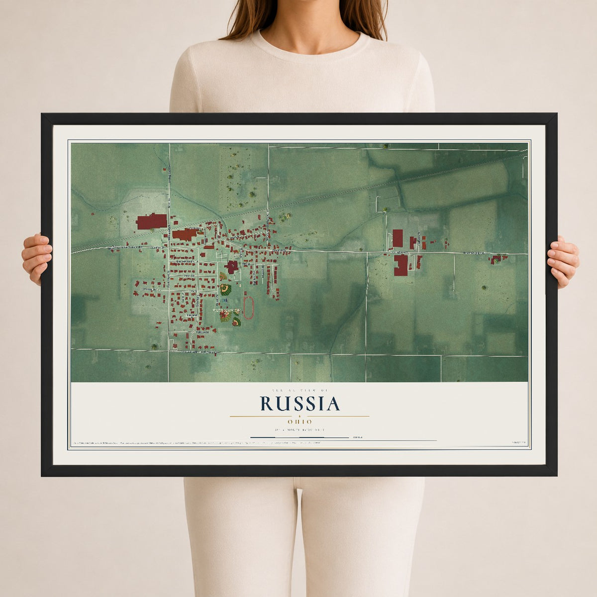 Map of Russia, Ohio, 24 x 36 inch print in a black wood frame