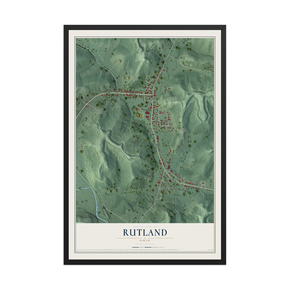 Map of Rutland, Ohio, 12 x 18 inch print in a black wood frame