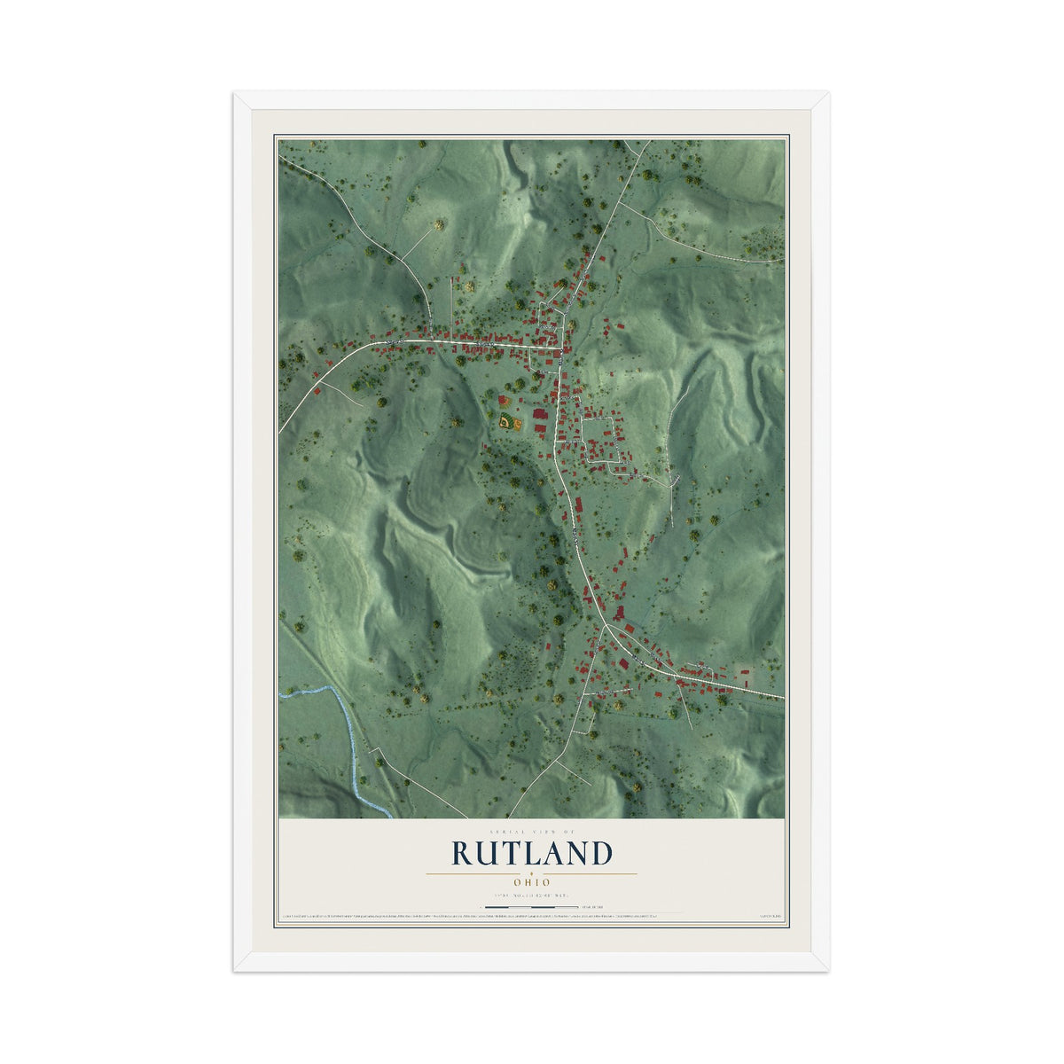 Map of Rutland, Ohio, 12 x 18 inch print in a white wood frame