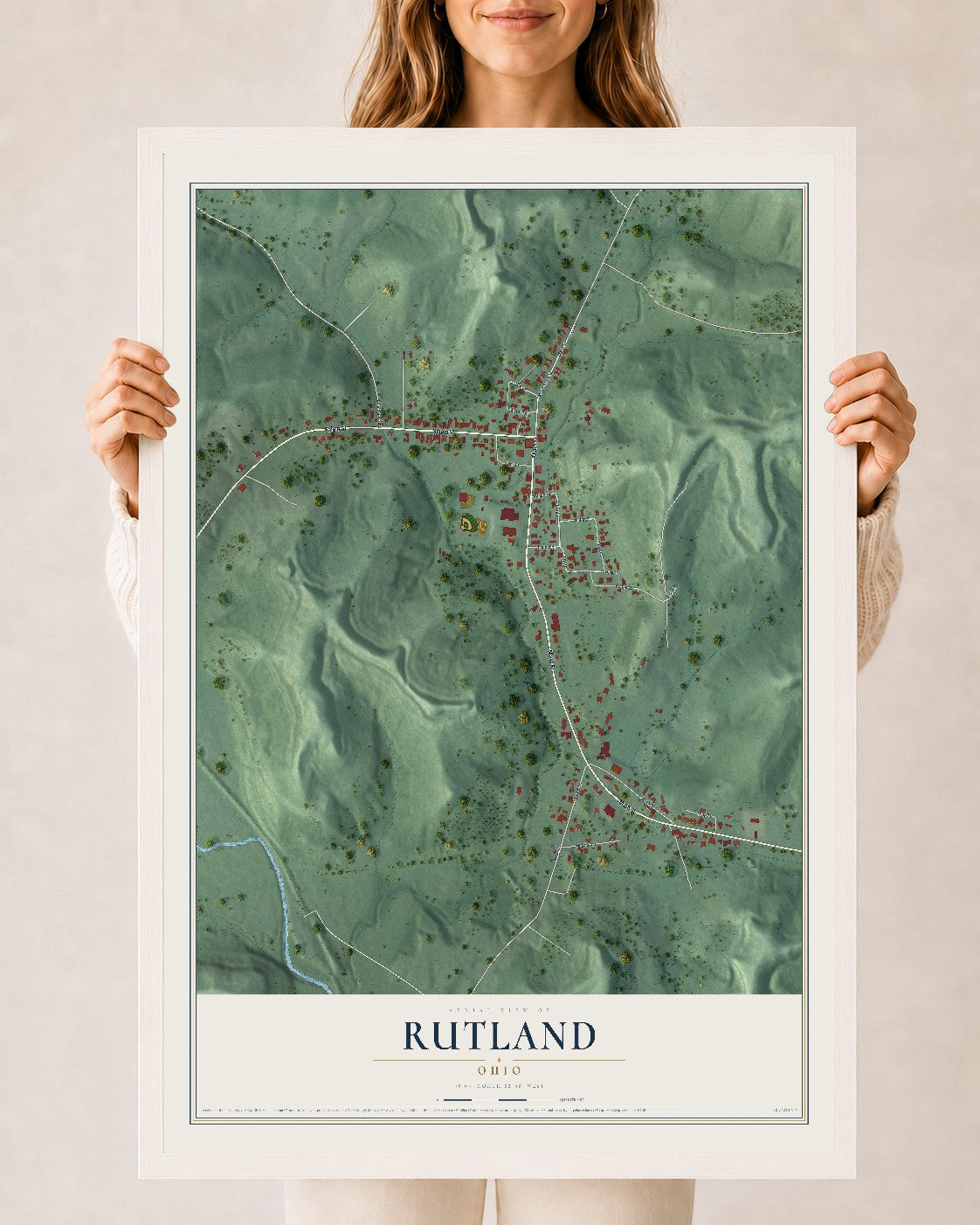 Map of Rutland, Ohio, 24 x 36 inch print in a white wood frame