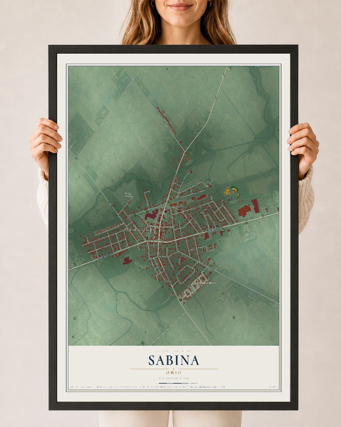 Map of Sabina, Ohio, 24 x 36 inch print in a black wood frame