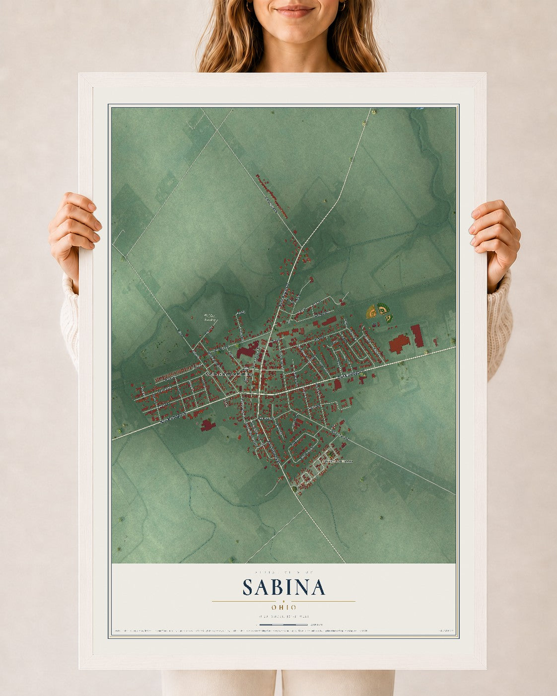 Map of Sabina, Ohio, 24 x 36 inch print in a white wood frame