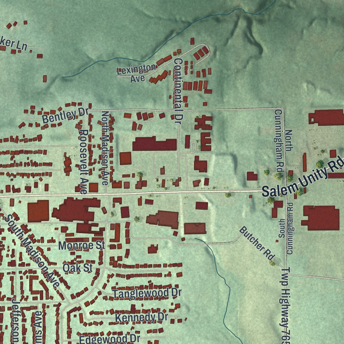 Second close-up of the map of Salem, Ohio print showing more streets and buildings