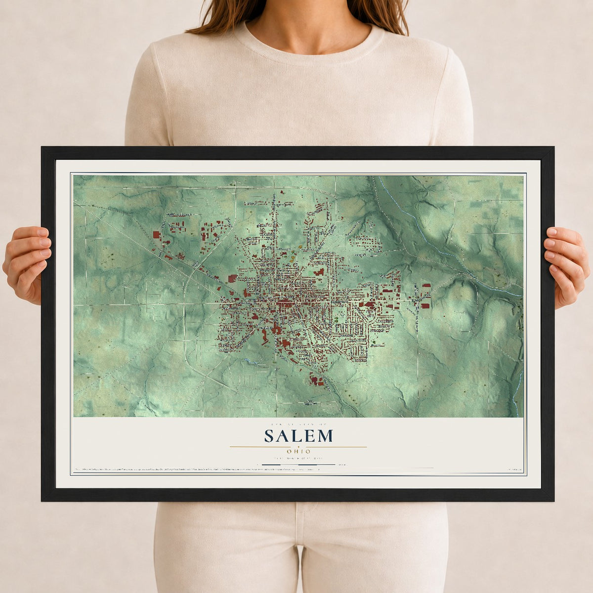 Map of Salem, Ohio, 12 x 18 inch print in a black wood frame