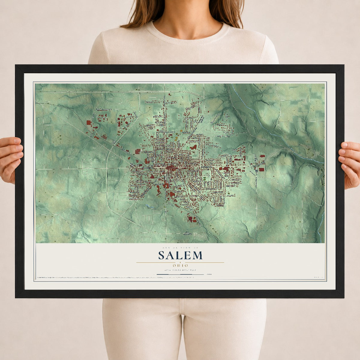Map of Salem, Ohio, 18 x 24 inch print in a black wood frame