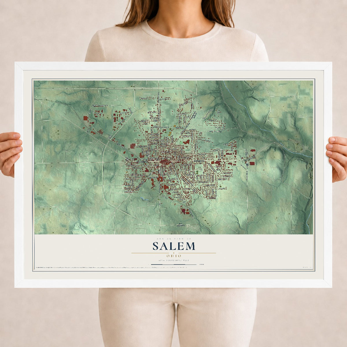 Map of Salem, Ohio, 18 x 24 inch print in a white wood frame