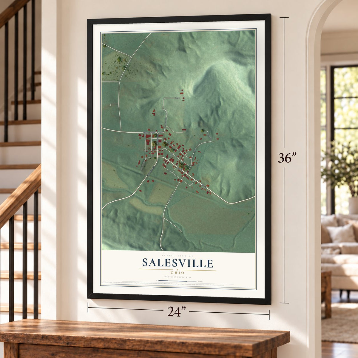 Salesville, Ohio map, 24 x 36 inch print in a black frame by a staircase