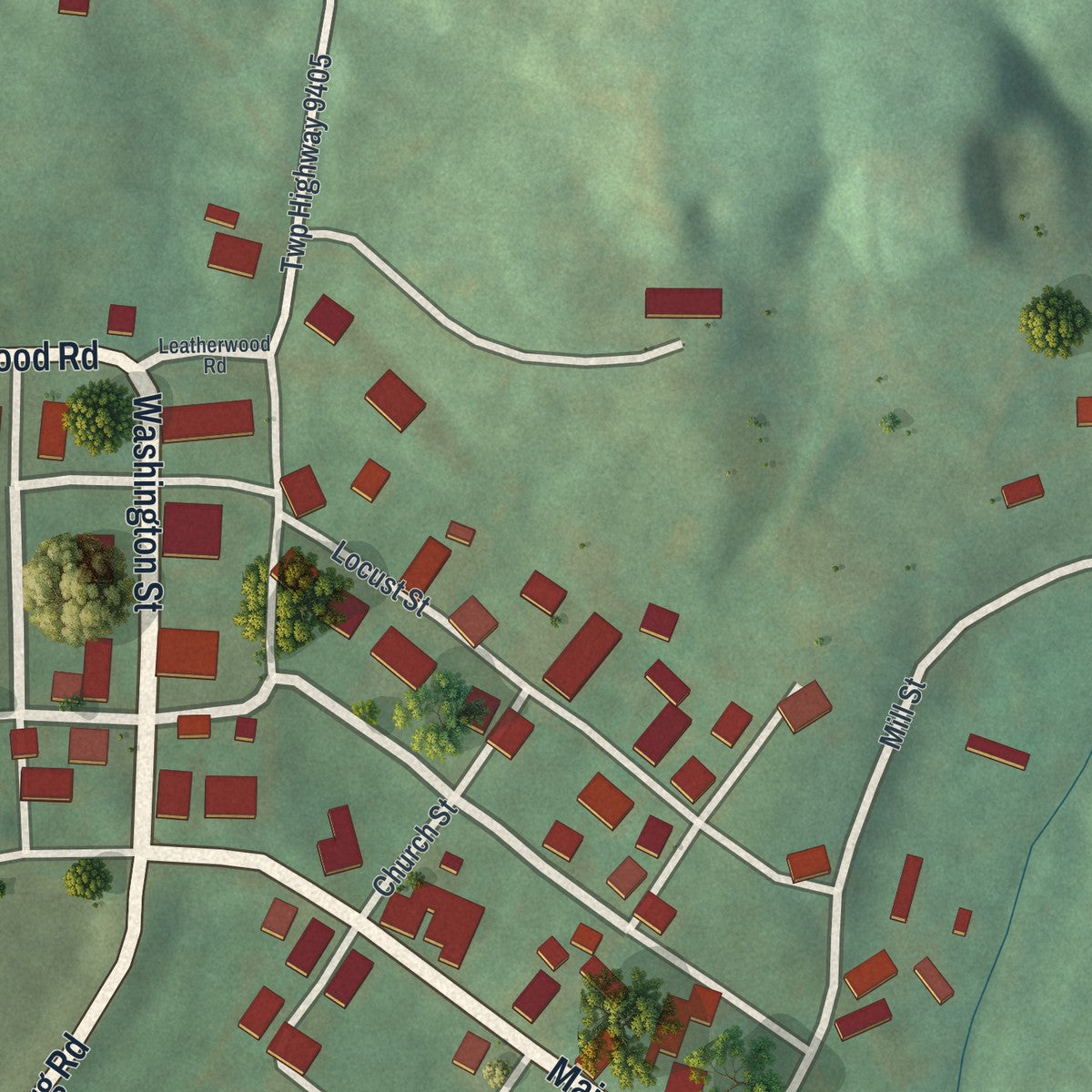 Close-up of the map of Salesville, Ohio print showing street and building detail