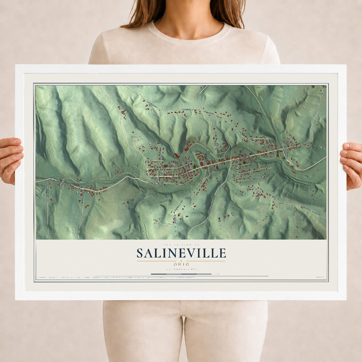 Map of Salineville, Ohio, 18 x 24 inch print in a white wood frame