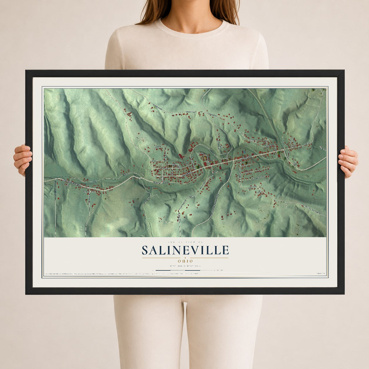Map of Salineville, Ohio, 24 x 36 inch print in a black wood frame