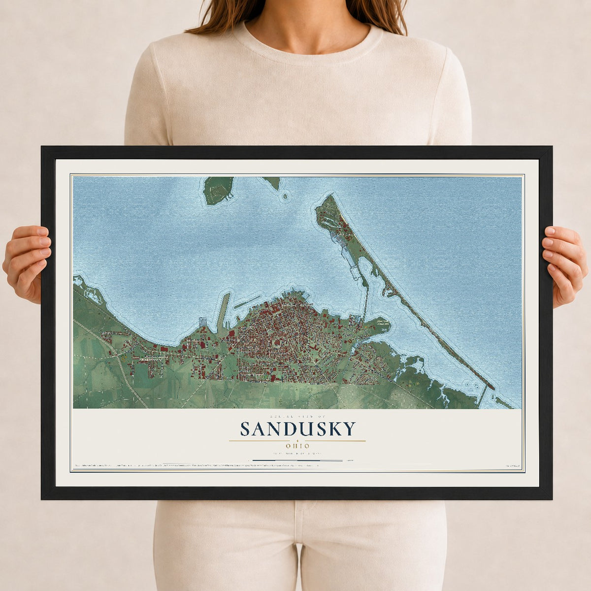 Map of Sandusky, Ohio, 12 x 18 inch print in a black wood frame
