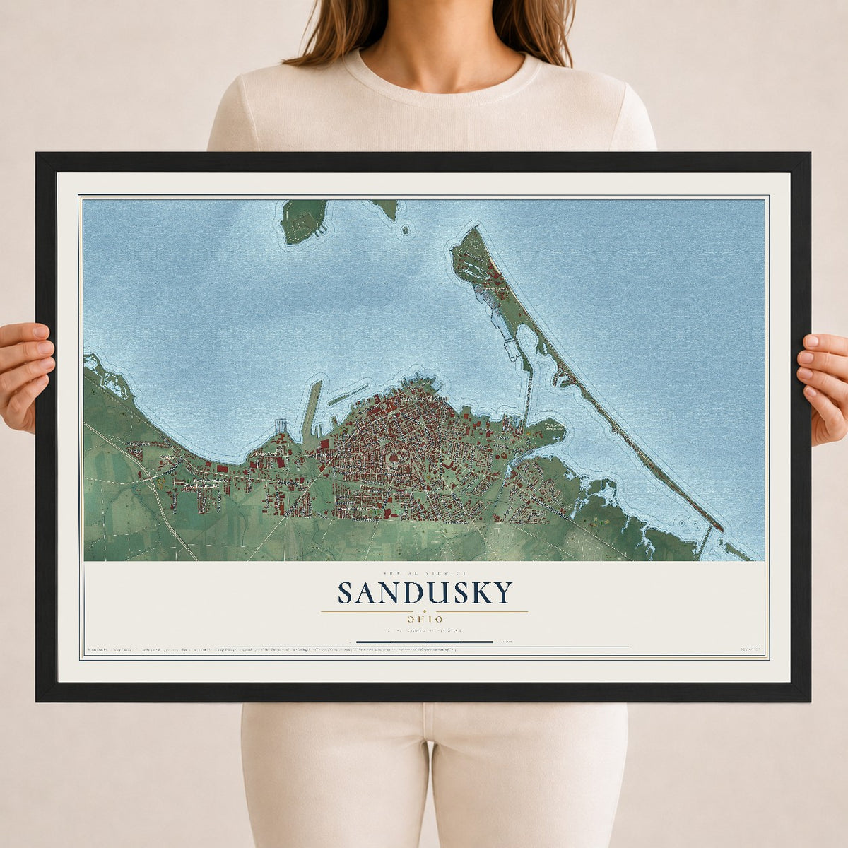 Map of Sandusky, Ohio, 18 x 24 inch print in a black wood frame