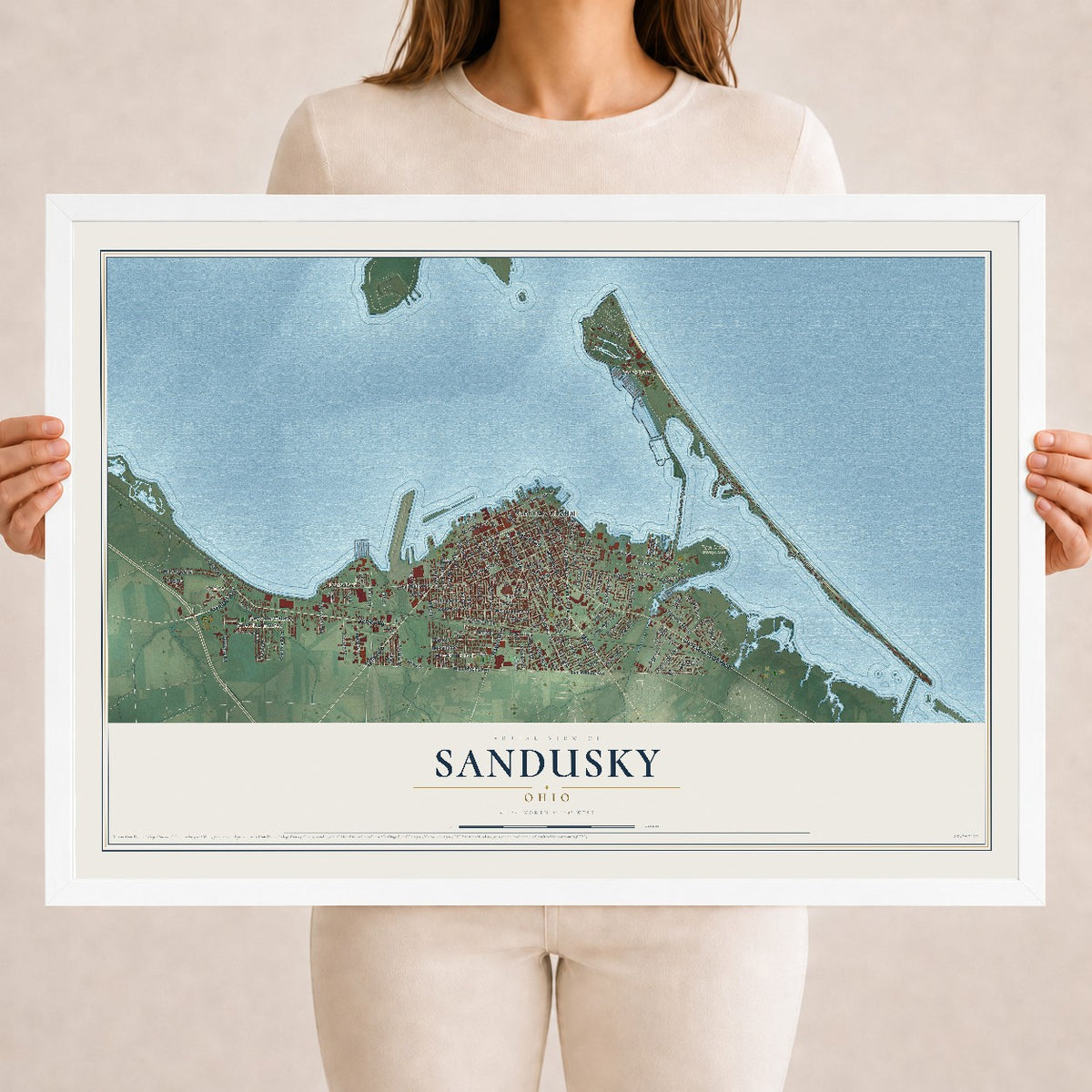 Map of Sandusky, Ohio, 18 x 24 inch print in a white wood frame