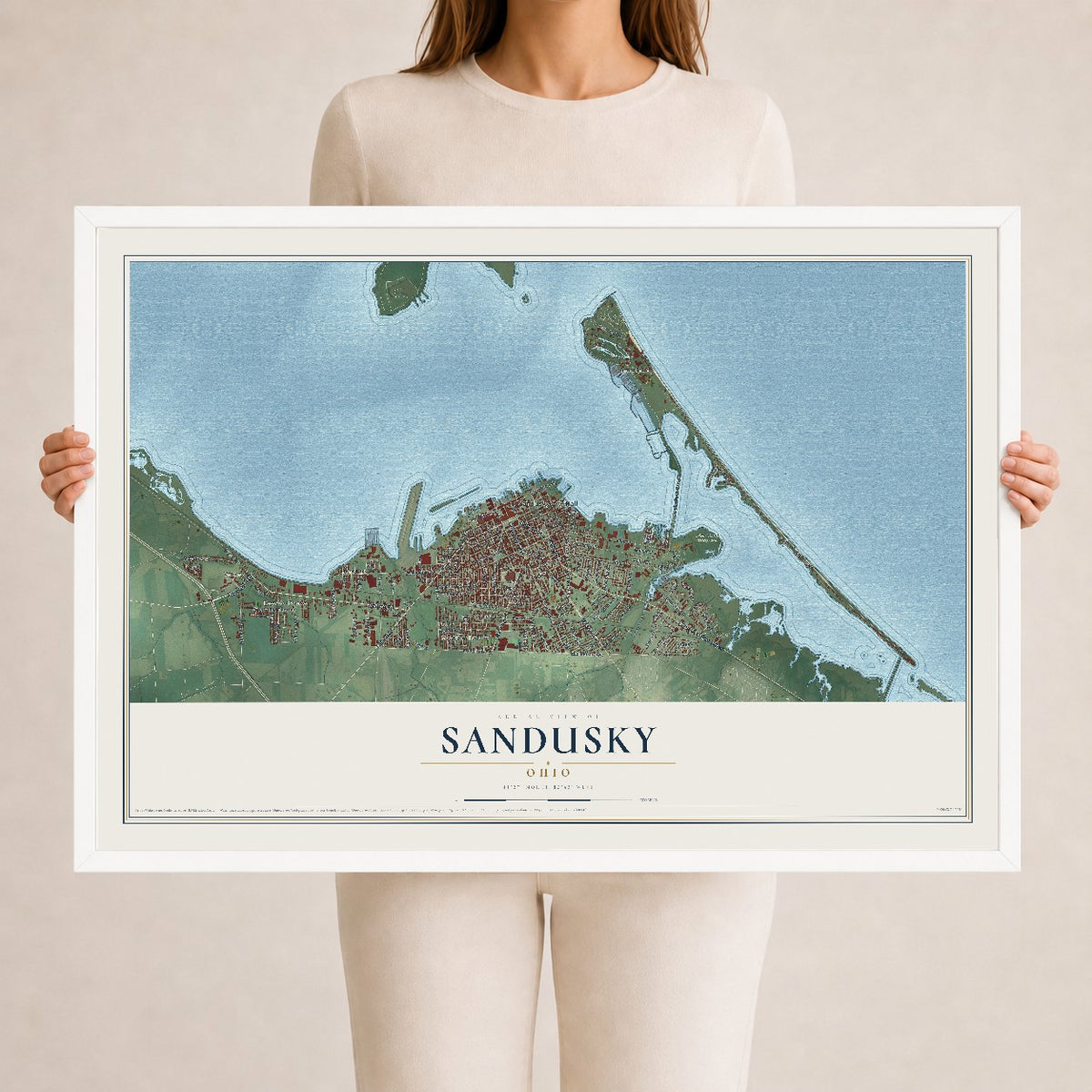 Map of Sandusky, Ohio, 24 x 36 inch print in a white wood frame
