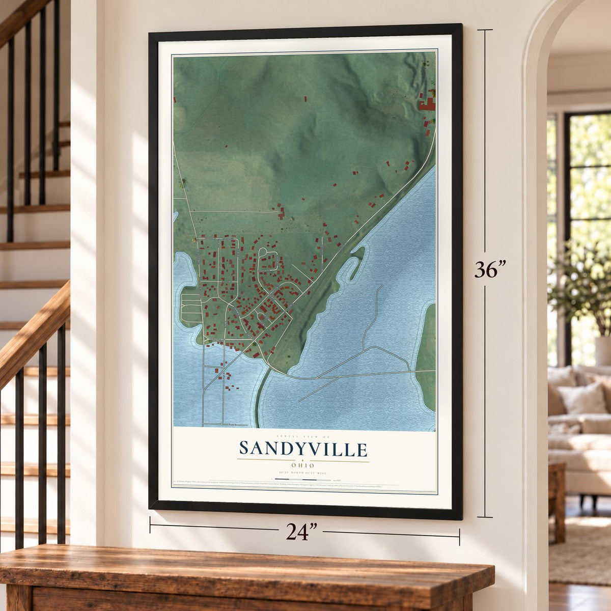 Sandyville, Ohio map, 24 x 36 inch print in a black frame by a staircase