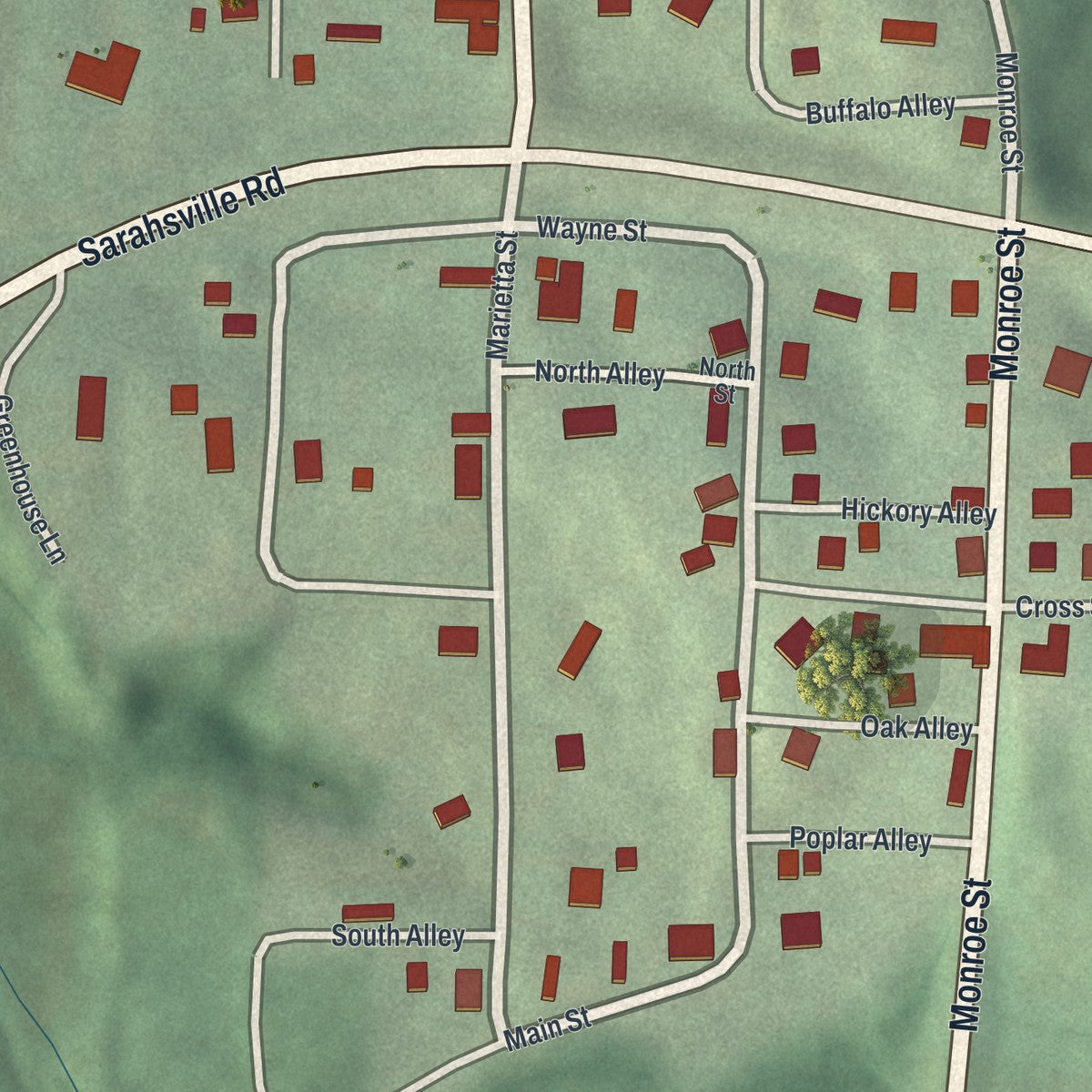 Close-up of the map of Sarahsville, Ohio print showing street and building detail