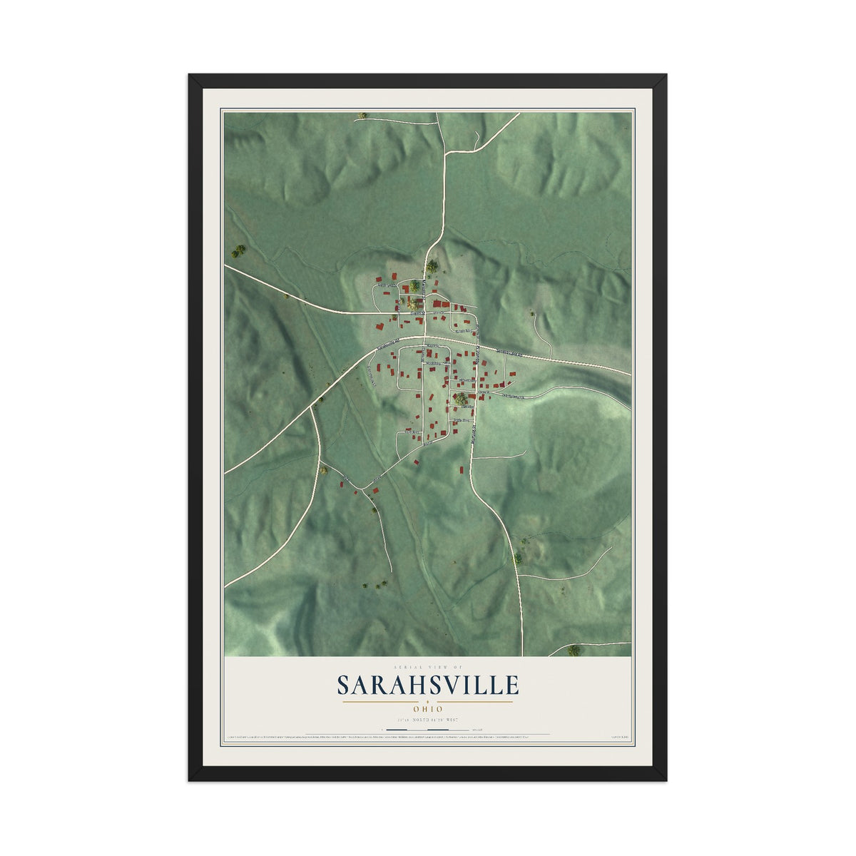 Map of Sarahsville, Ohio, 12 x 18 inch print in a black wood frame