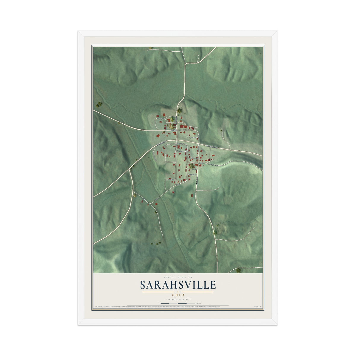 Map of Sarahsville, Ohio, 12 x 18 inch print in a white wood frame