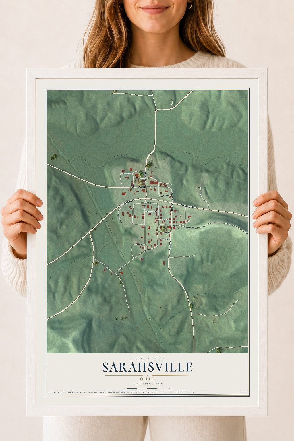 Map of Sarahsville, Ohio, 18 x 24 inch print in a white wood frame