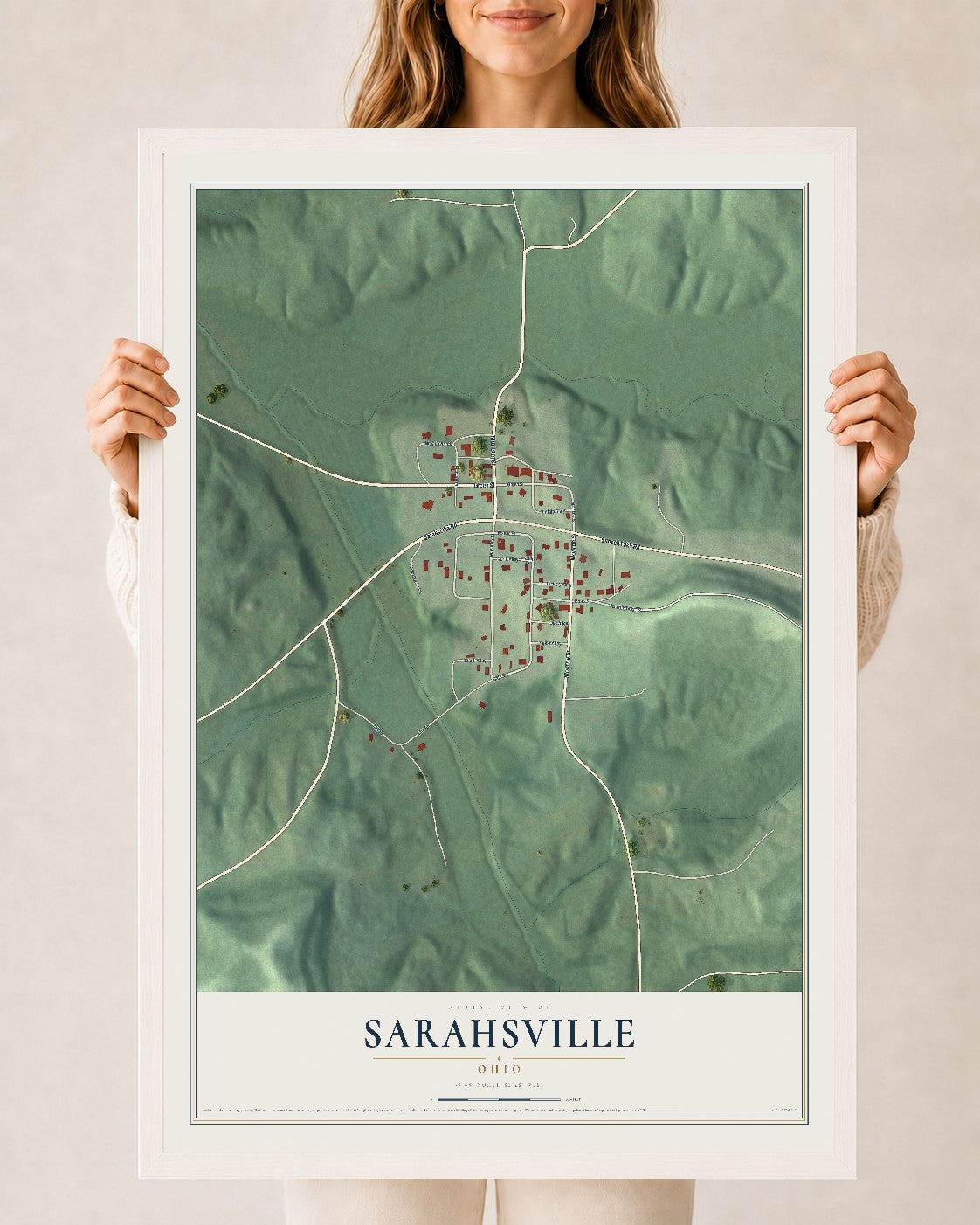 Map of Sarahsville, Ohio, 24 x 36 inch print in a white wood frame