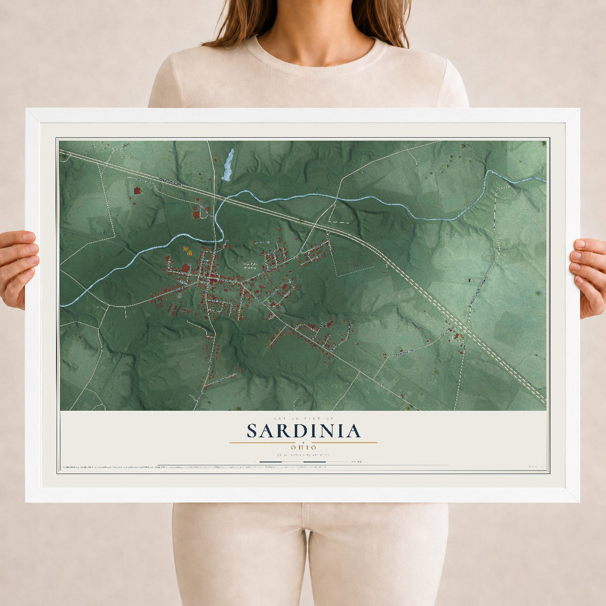 Map of Sardinia, Ohio, 18 x 24 inch print in a white wood frame