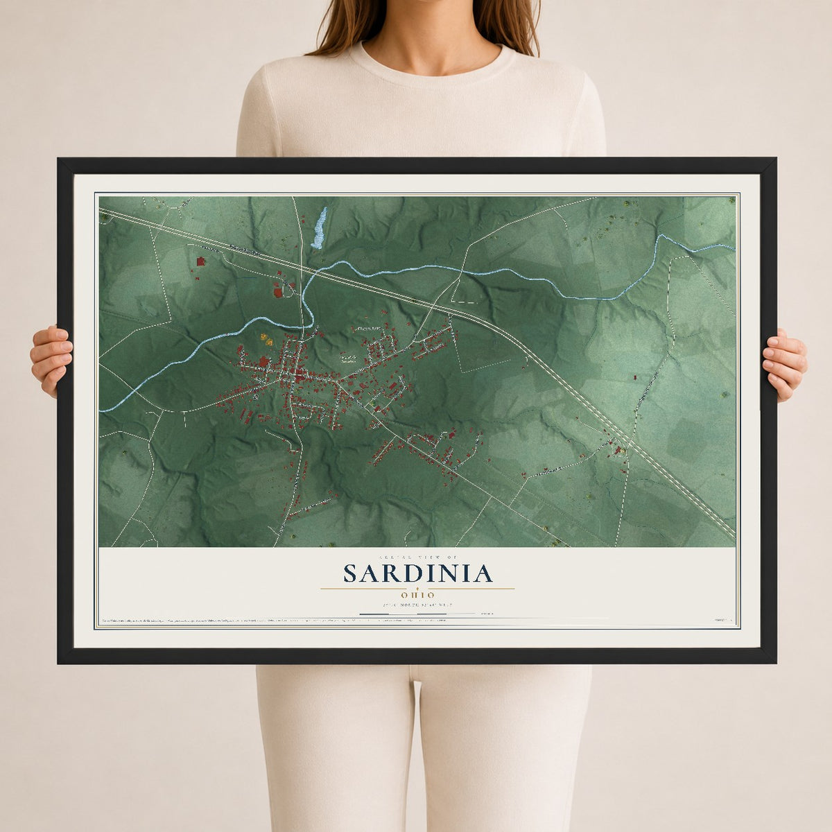 Map of Sardinia, Ohio, 24 x 36 inch print in a black wood frame