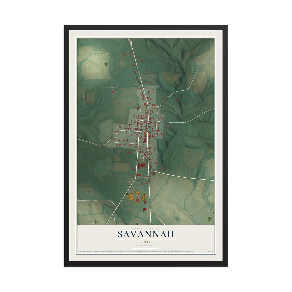 Map of Savannah, Ohio, 12 x 18 inch print in a black wood frame