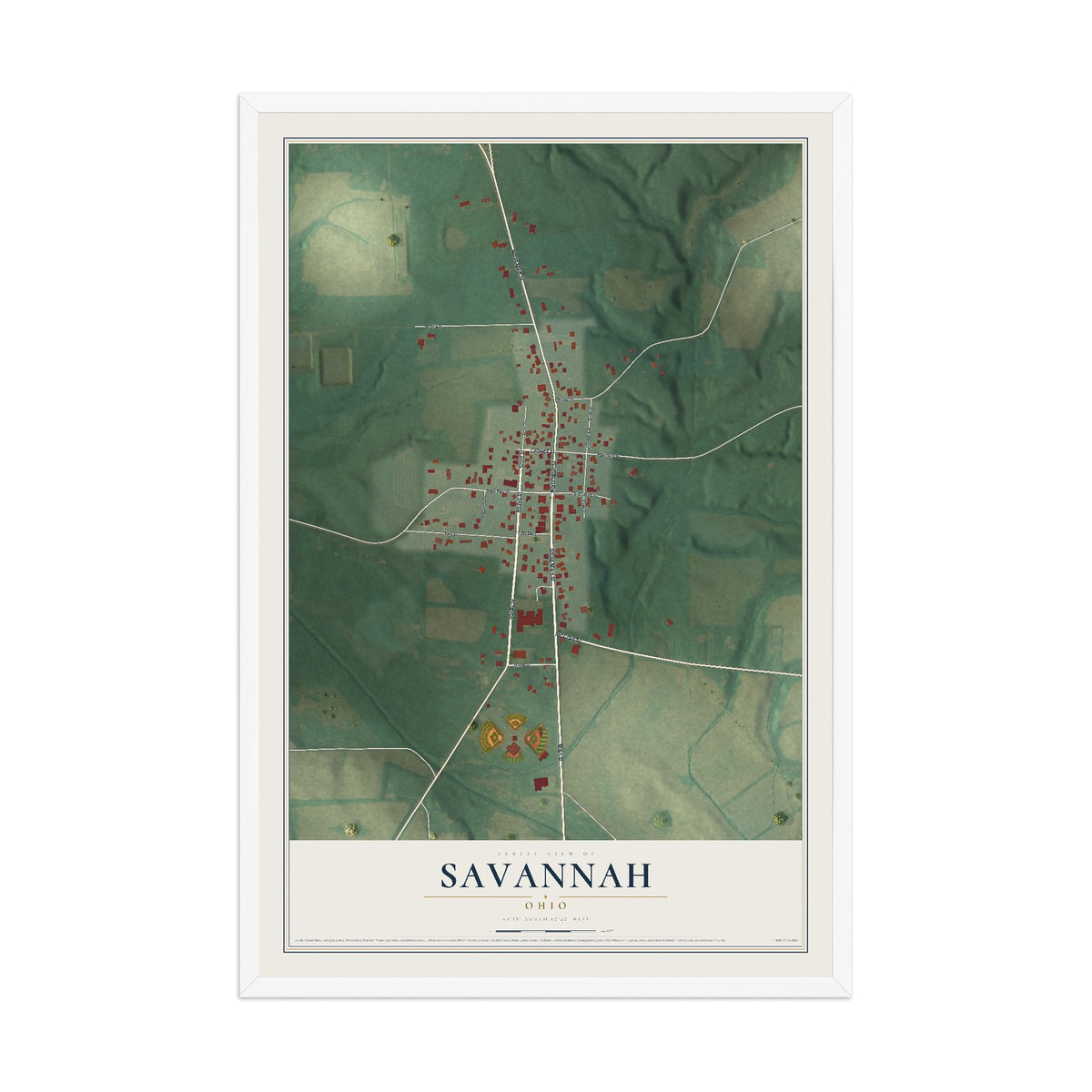 Map of Savannah, Ohio, 12 x 18 inch print in a white wood frame
