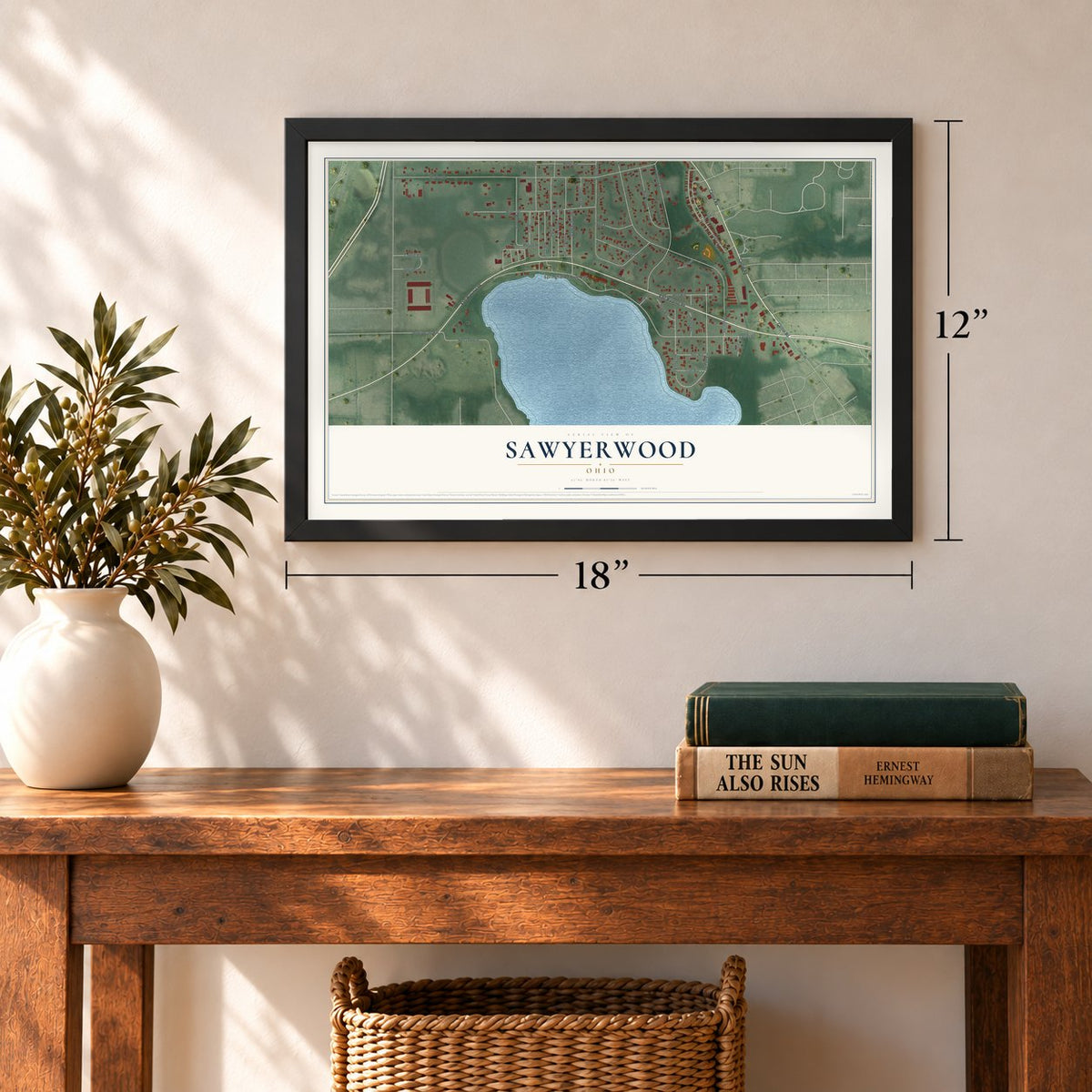 Sawyerwood, Ohio map, 12 x 18 inch print in a black frame in an entryway