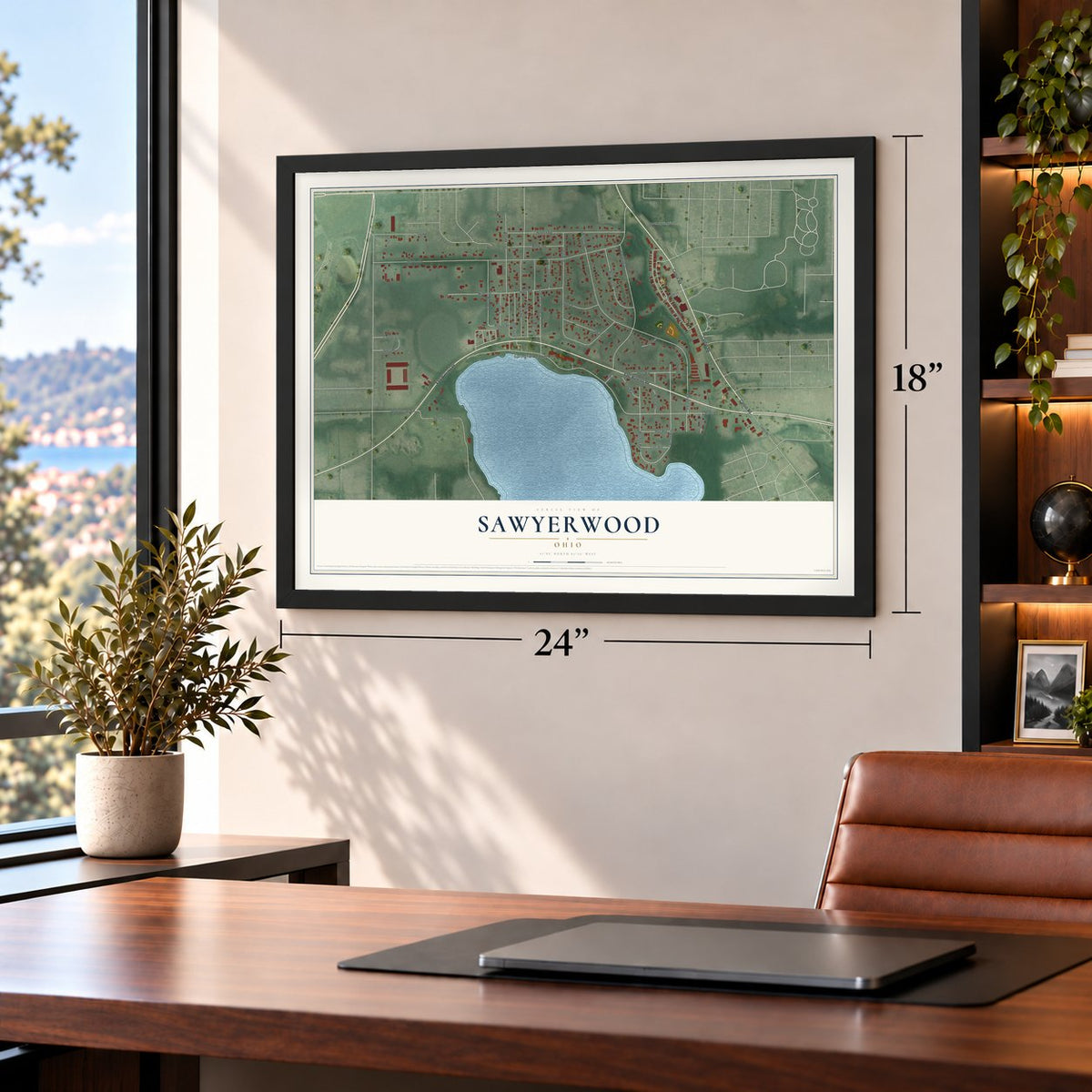 Sawyerwood, Ohio map, 18 x 24 inch print in a black frame in a home office