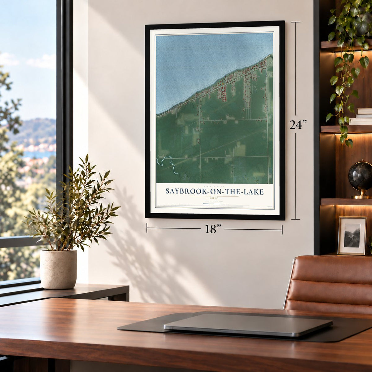 Saybrook-on-the-Lake, Ohio map, 18 x 24 inch print in a black frame in a home office