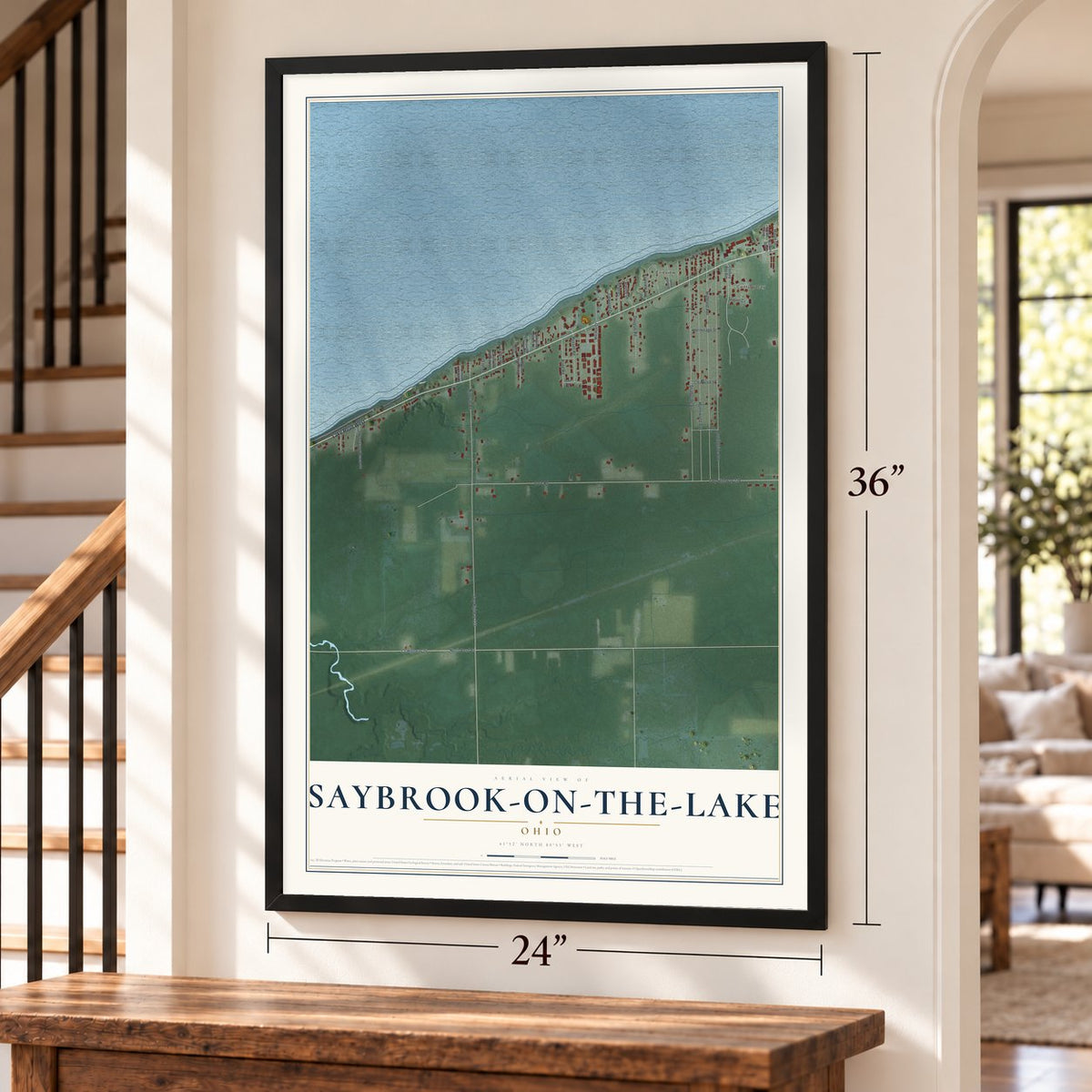 Saybrook-on-the-Lake, Ohio map, 24 x 36 inch print in a black frame by a staircase