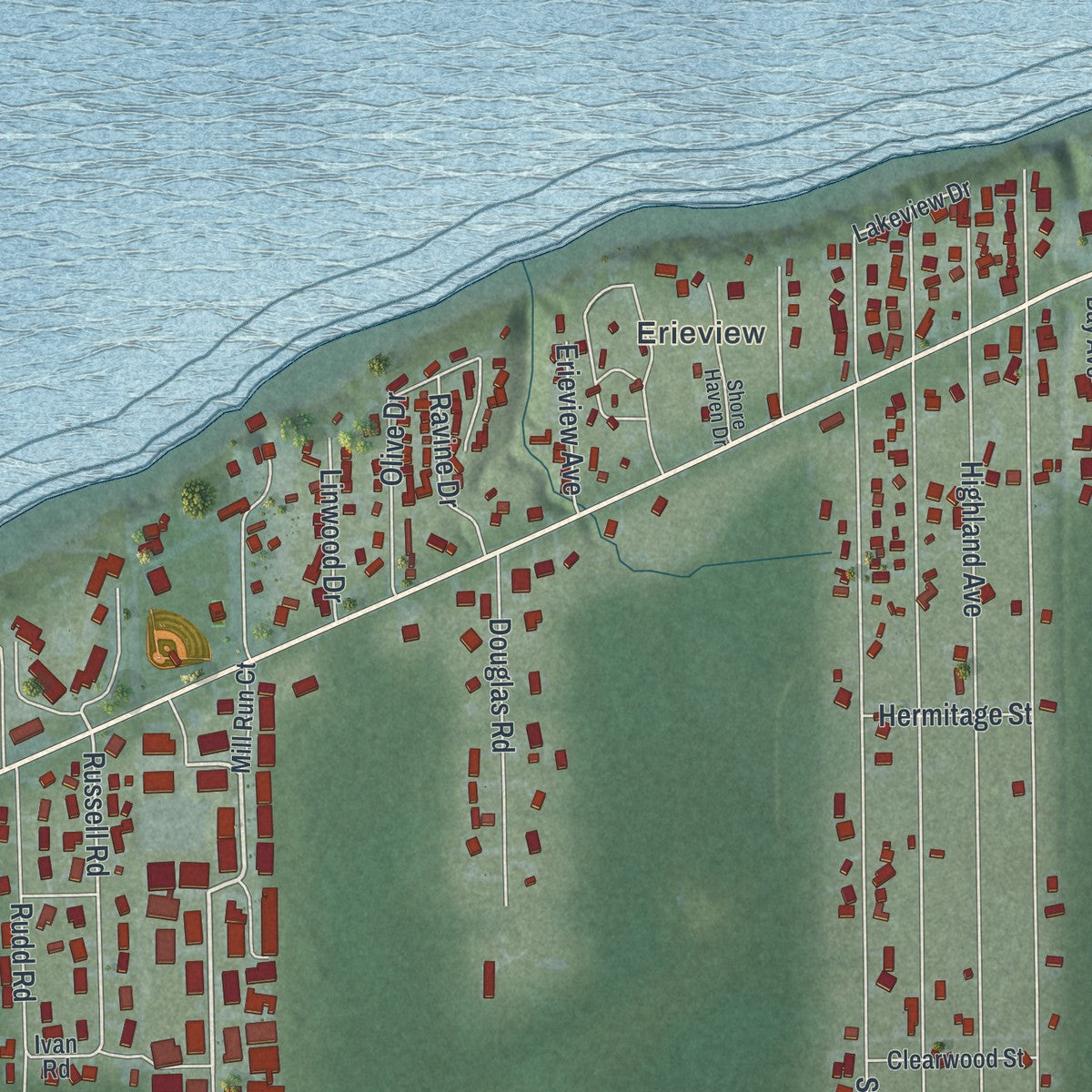 Close-up of the map of Saybrook-on-the-Lake, Ohio print showing street and building detail