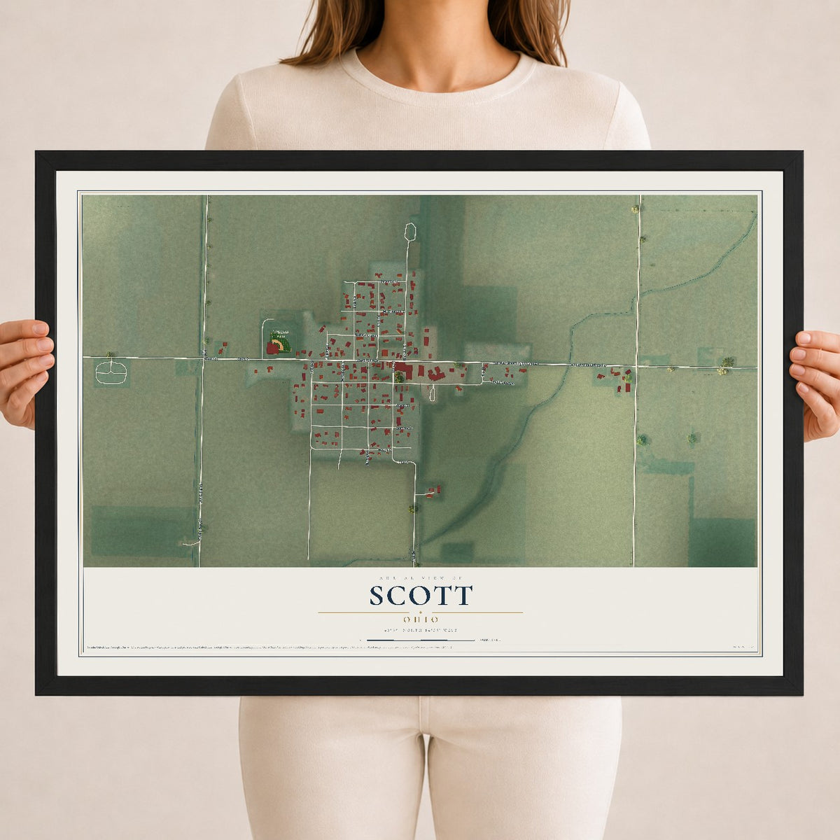 Map of Scott, Ohio, 18 x 24 inch print in a black wood frame