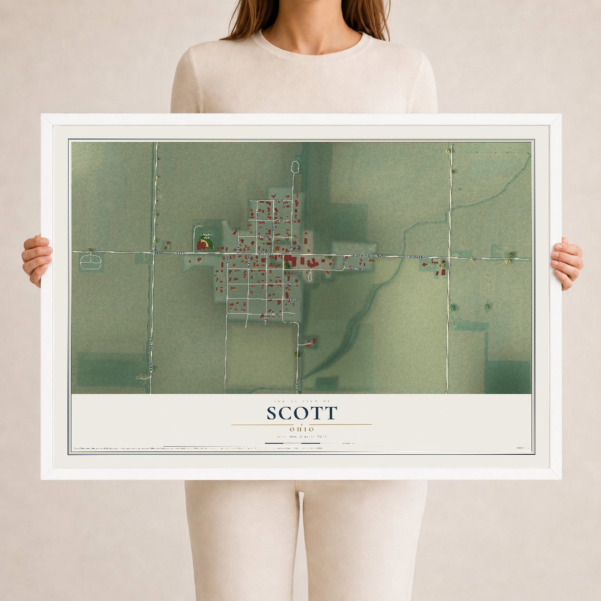 Map of Scott, Ohio, 24 x 36 inch print in a white wood frame