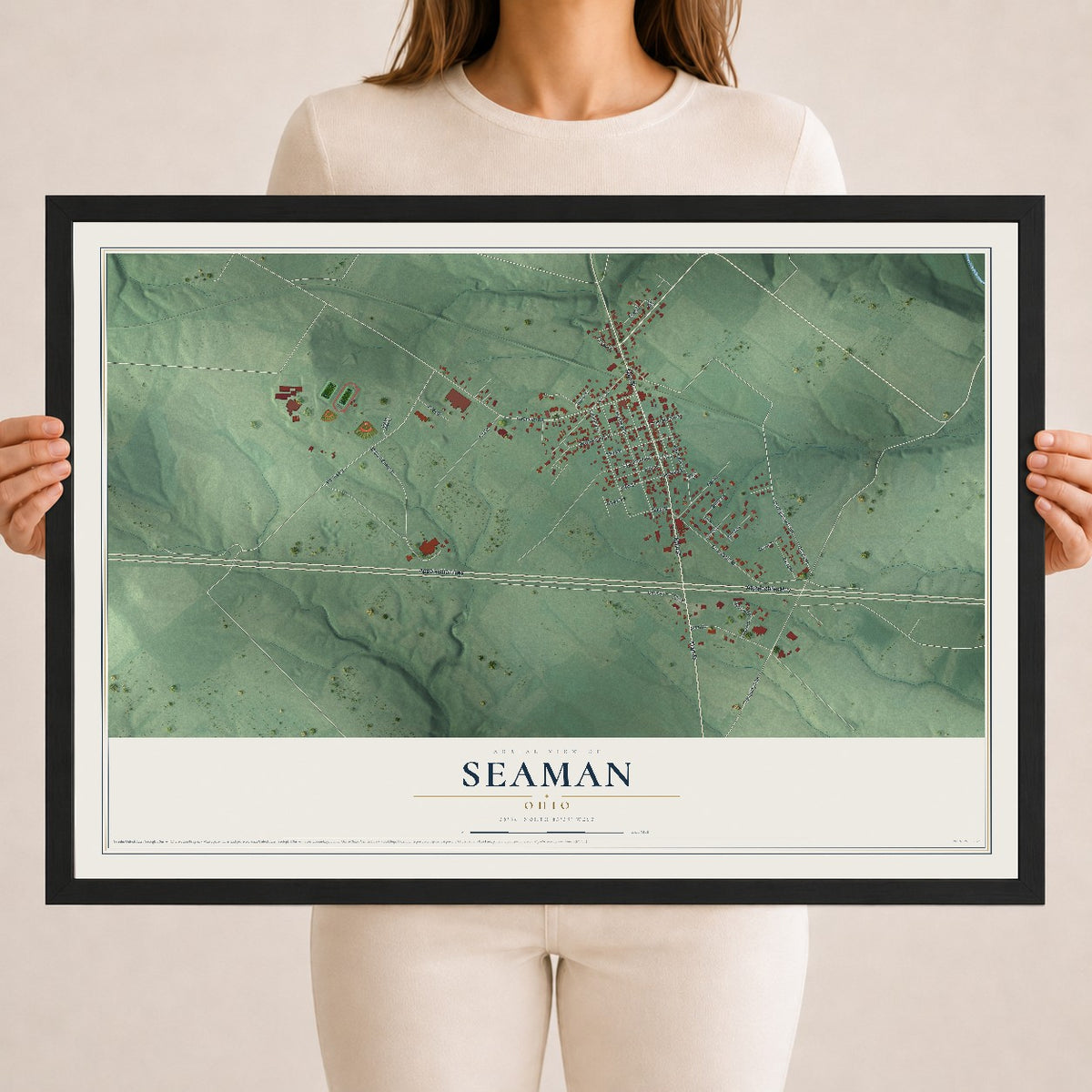 Map of Seaman, Ohio, 18 x 24 inch print in a black wood frame