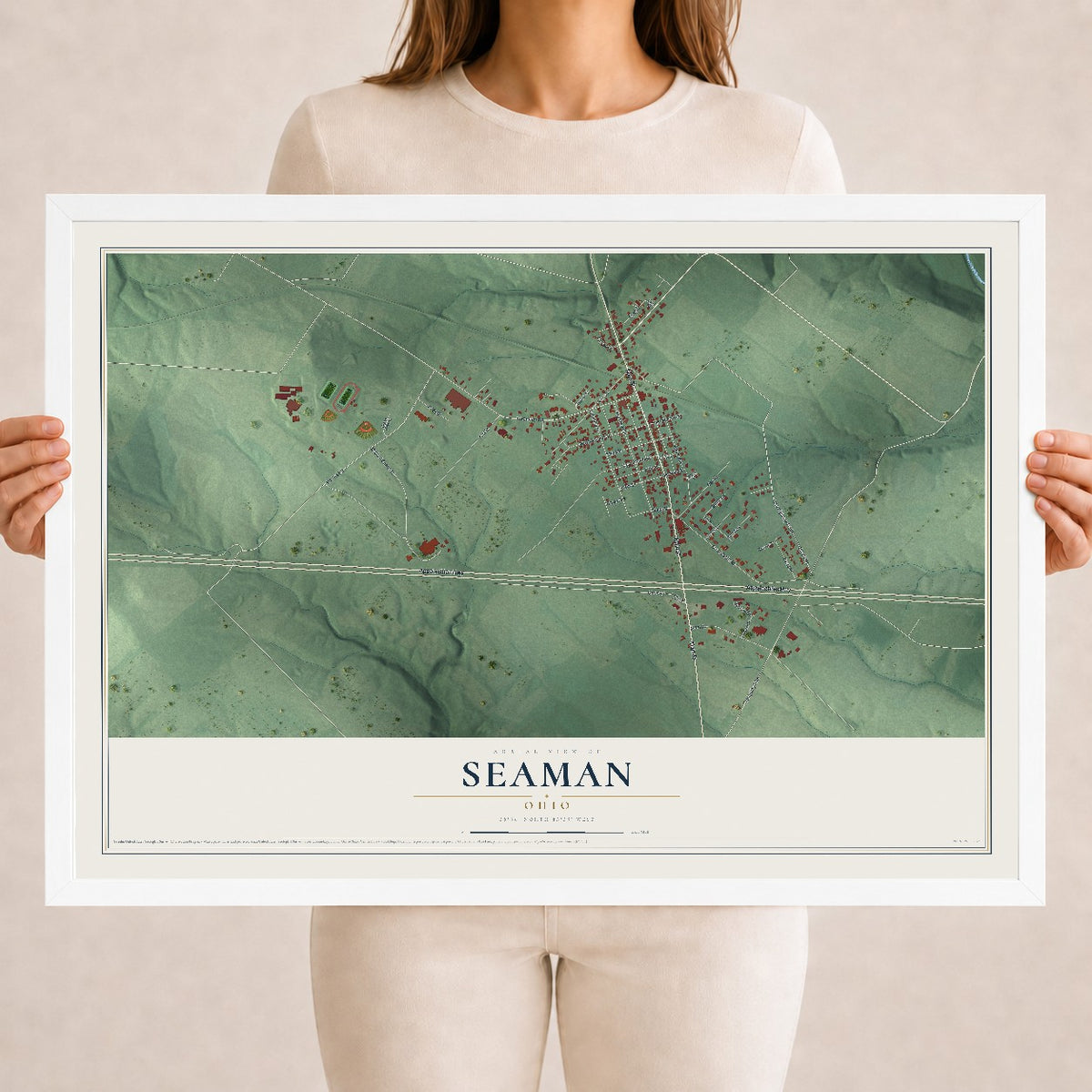 Map of Seaman, Ohio, 18 x 24 inch print in a white wood frame