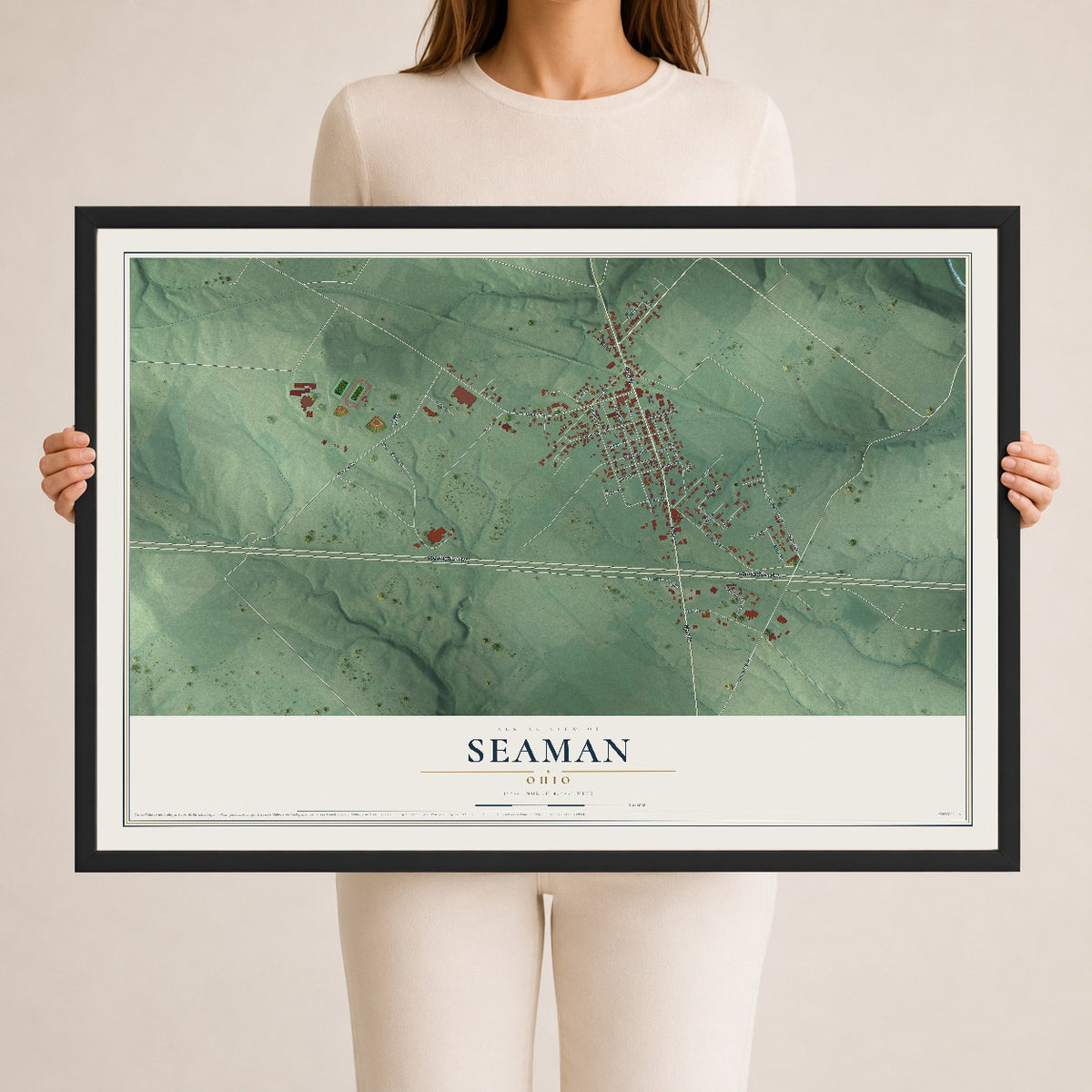 Map of Seaman, Ohio, 24 x 36 inch print in a black wood frame