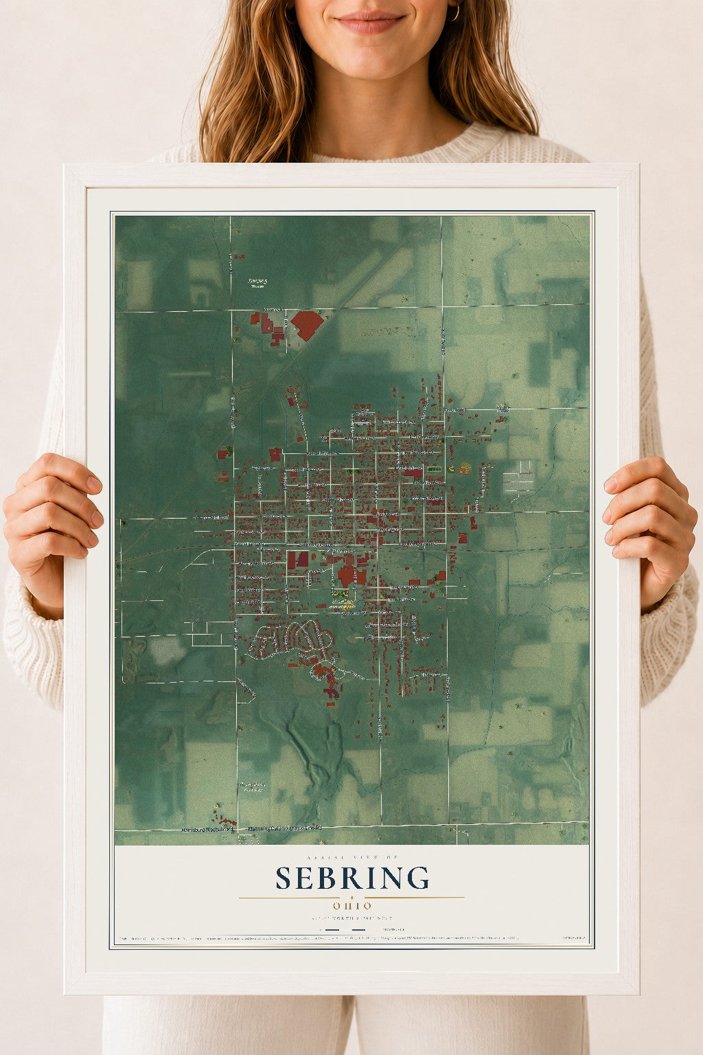 Map of Sebring, Ohio, 18 x 24 inch print in a white wood frame