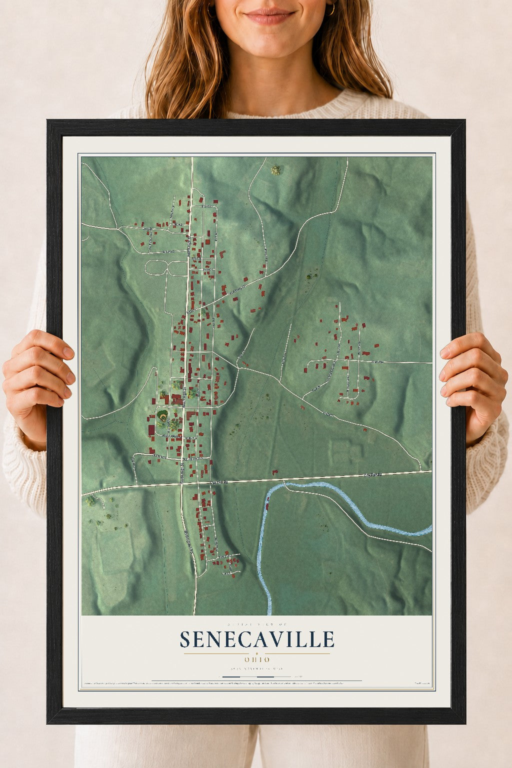 Map of Senecaville, Ohio, 18 x 24 inch print in a black wood frame