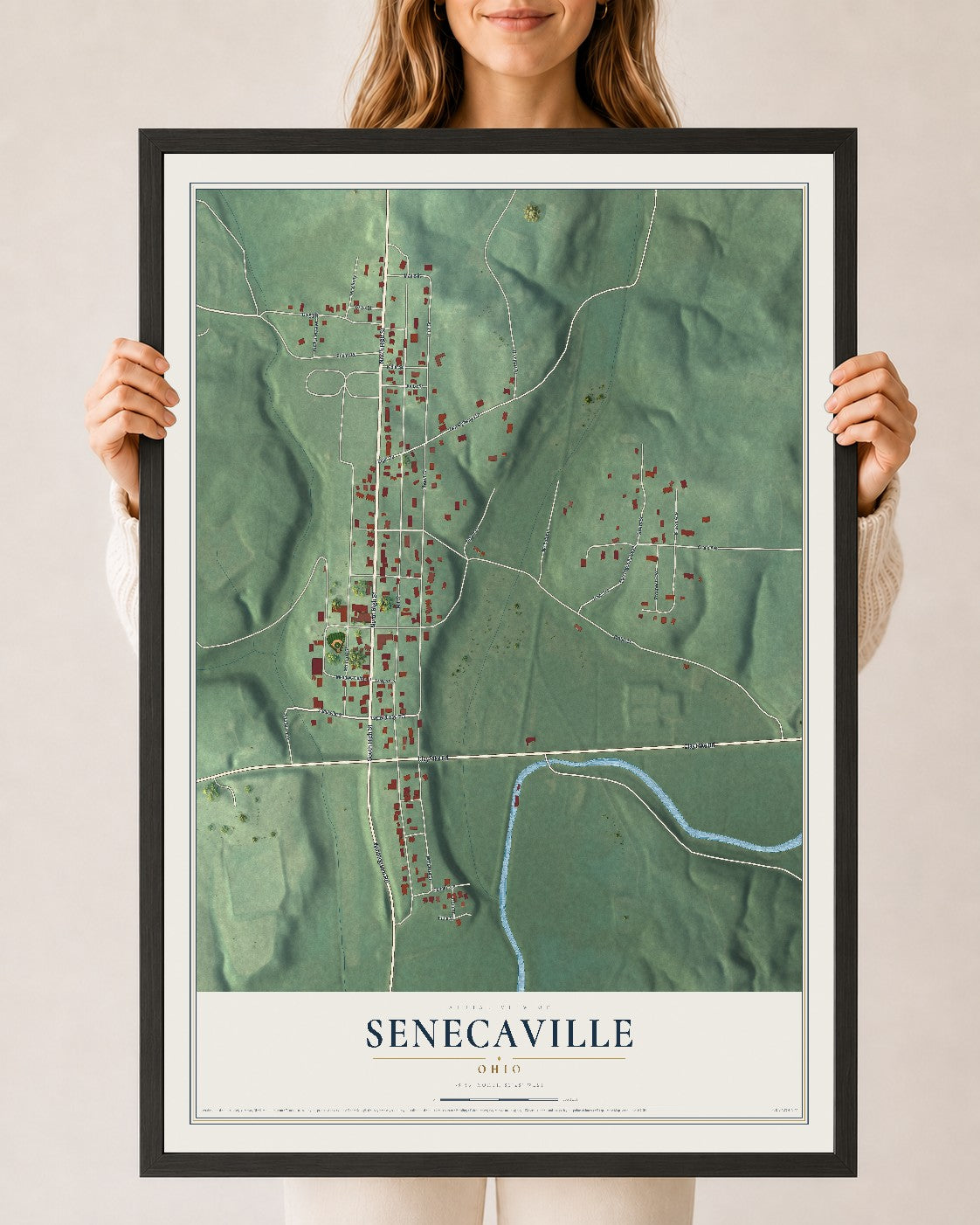 Map of Senecaville, Ohio, 24 x 36 inch print in a black wood frame