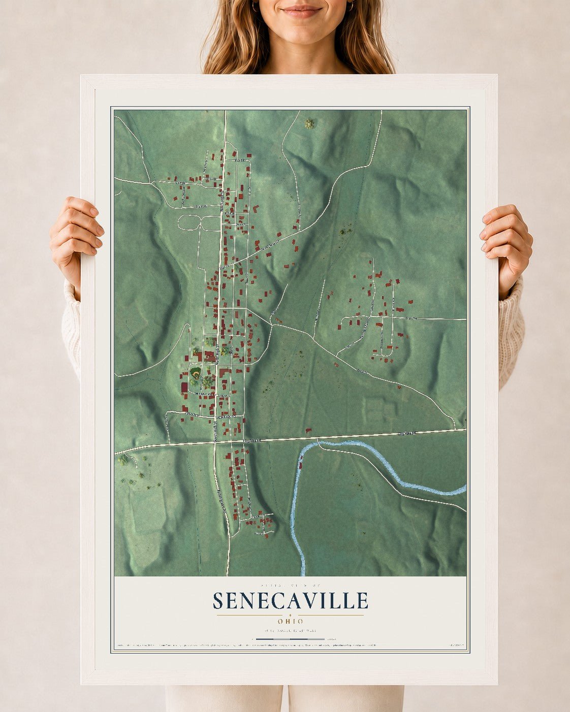 Map of Senecaville, Ohio, 24 x 36 inch print in a white wood frame