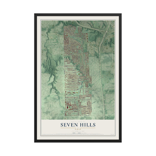 Map of Seven Hills, Ohio, 12 x 18 inch print in a black wood frame