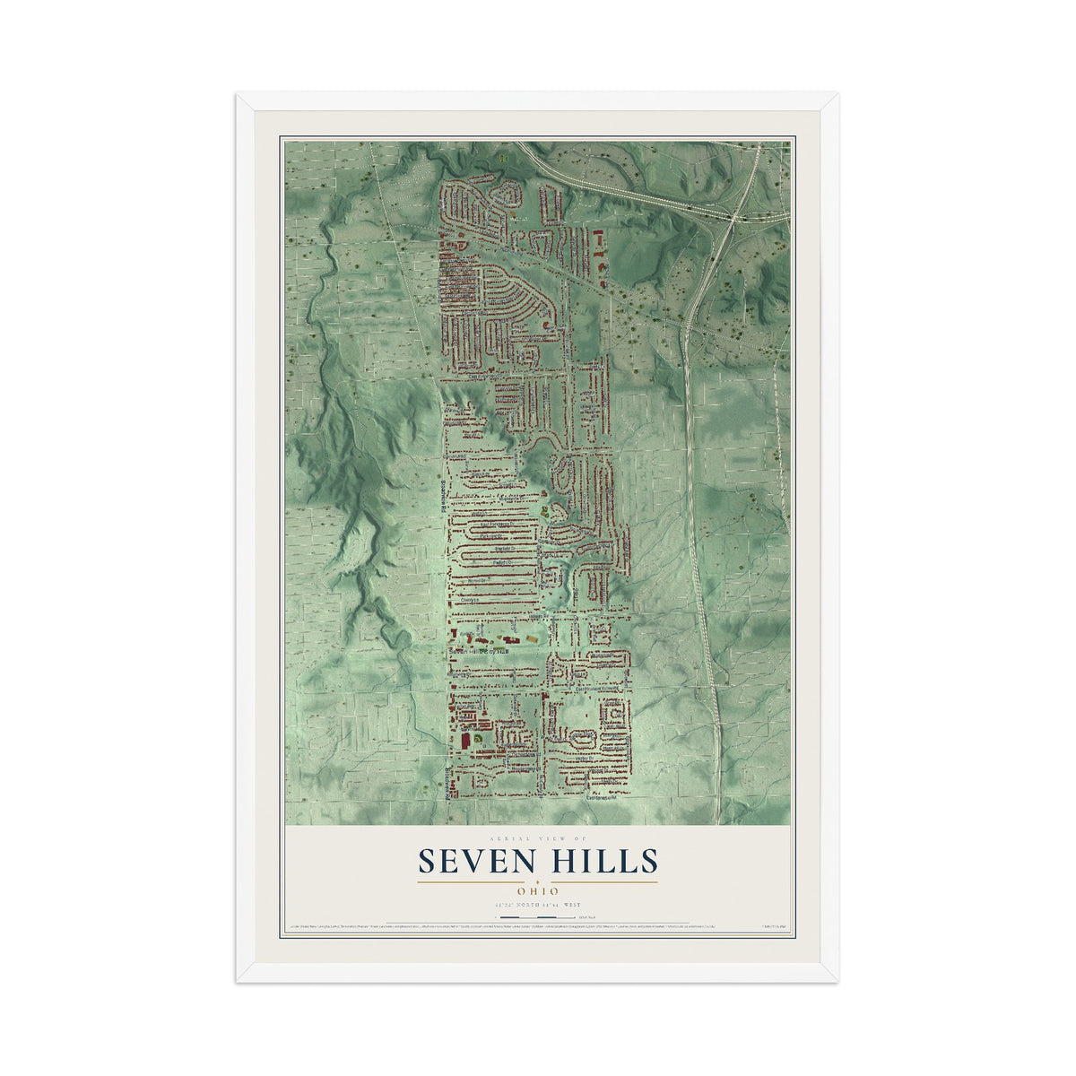 Map of Seven Hills, Ohio, 12 x 18 inch print in a white wood frame
