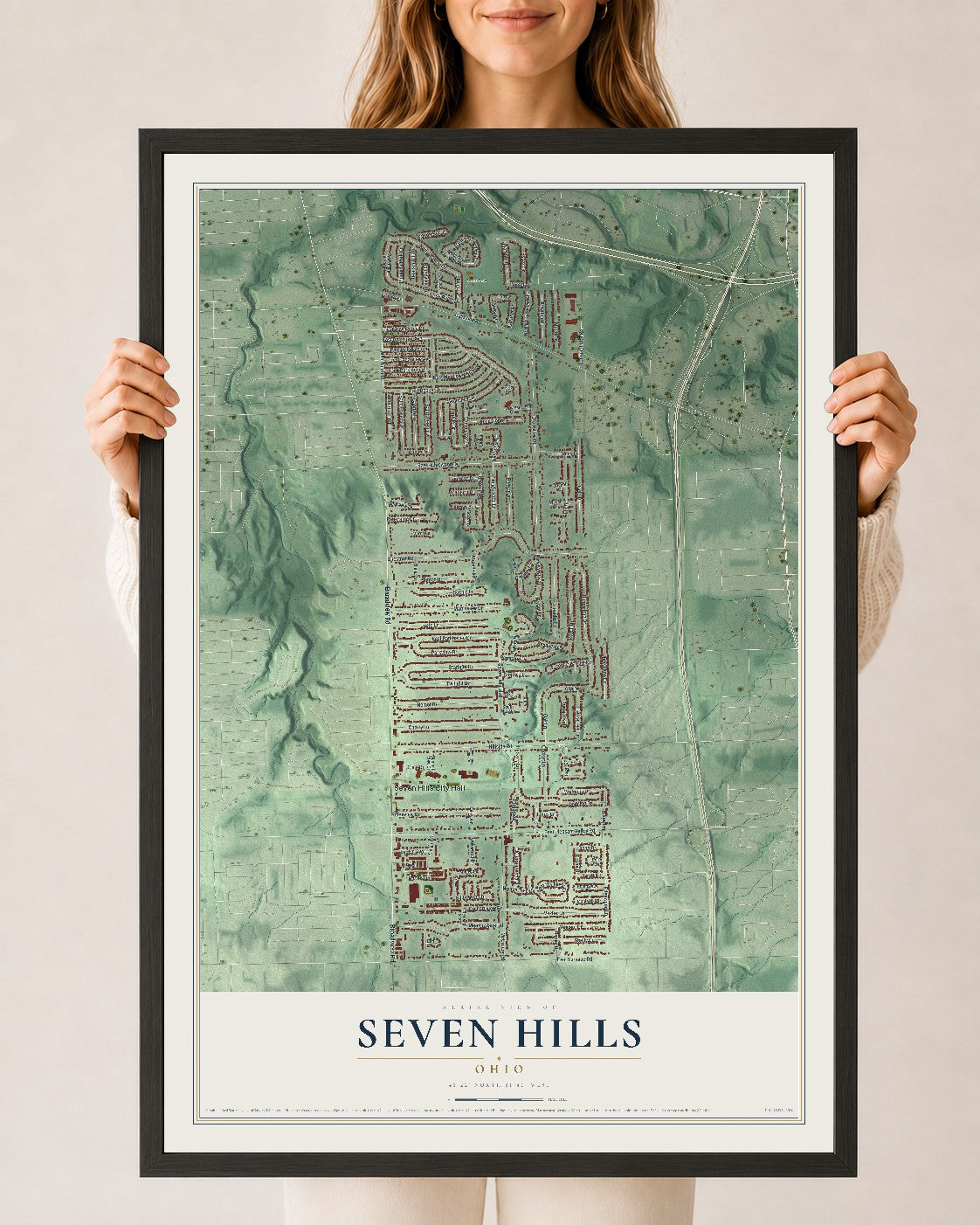 Map of Seven Hills, Ohio, 24 x 36 inch print in a black wood frame