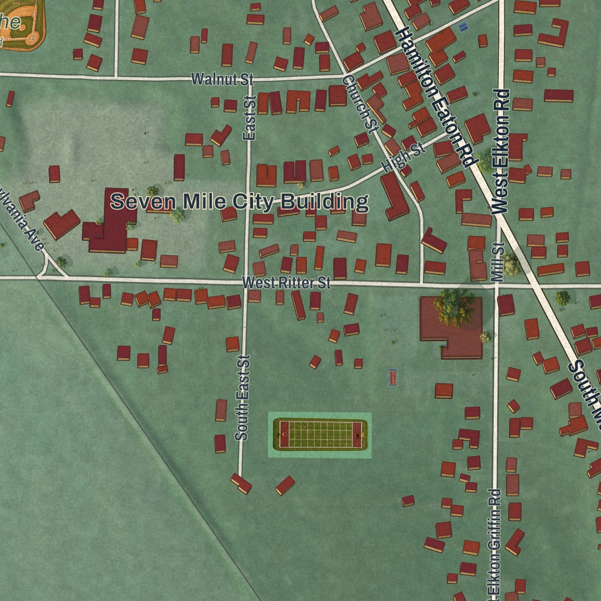 Close-up of the map of Seven Mile, Ohio print showing street and building detail