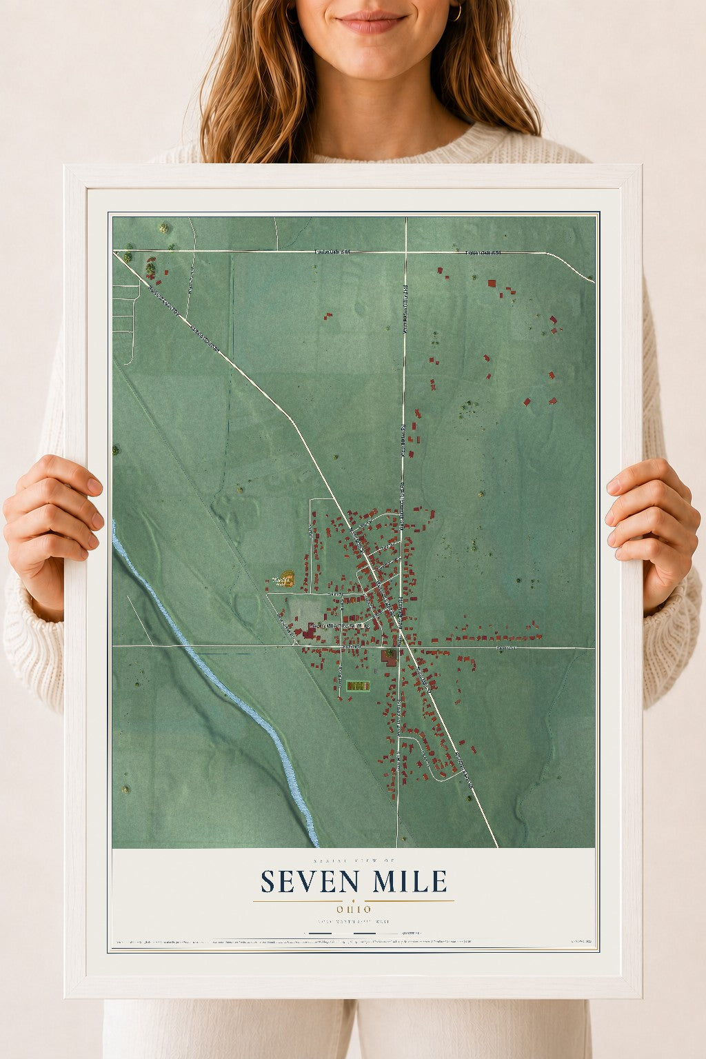 Map of Seven Mile, Ohio, 18 x 24 inch print in a white wood frame