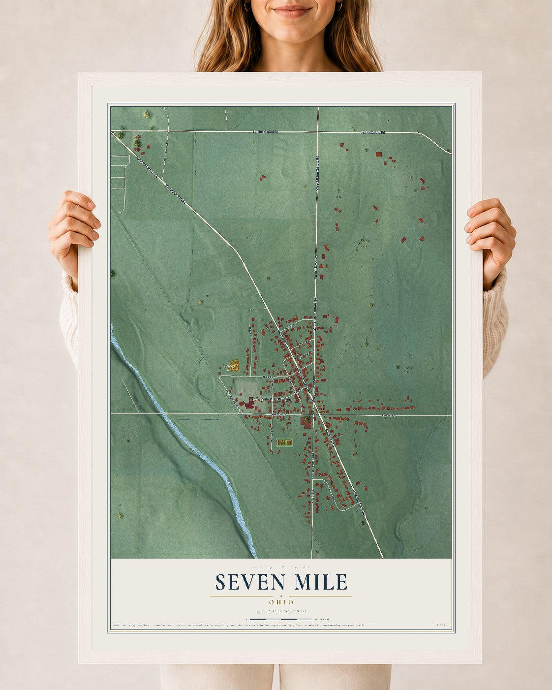 Map of Seven Mile, Ohio, 24 x 36 inch print in a white wood frame